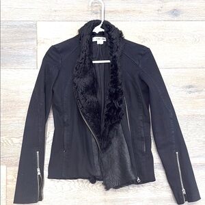 Helmut Lang Black Fur Lapel Denim Moto Jacket in P